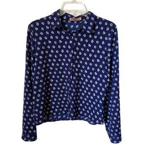 Huixeie Navy Blue Leaf Print Button Up Blouse